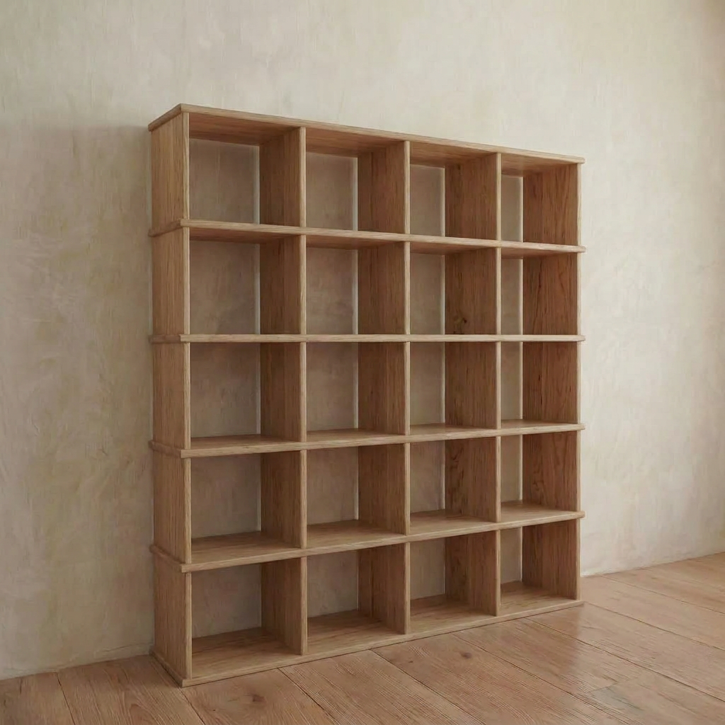 The Cube bookshelf in white oak, featuring five rows and four columns of square compartments, stands empty on a wooden floor against a plain, light-colored wall in a Vancouver apartment.