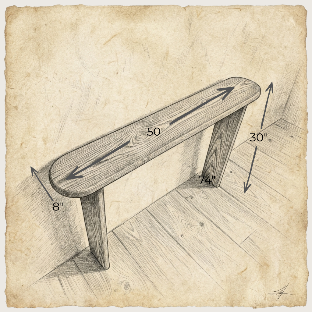 A hand-drawn narrow console table in walnut with two legs, viewed from above. Dimensions: 50" L x 8" W x 30" H; legs angled at 74 degrees. Set against a vintage paper background.