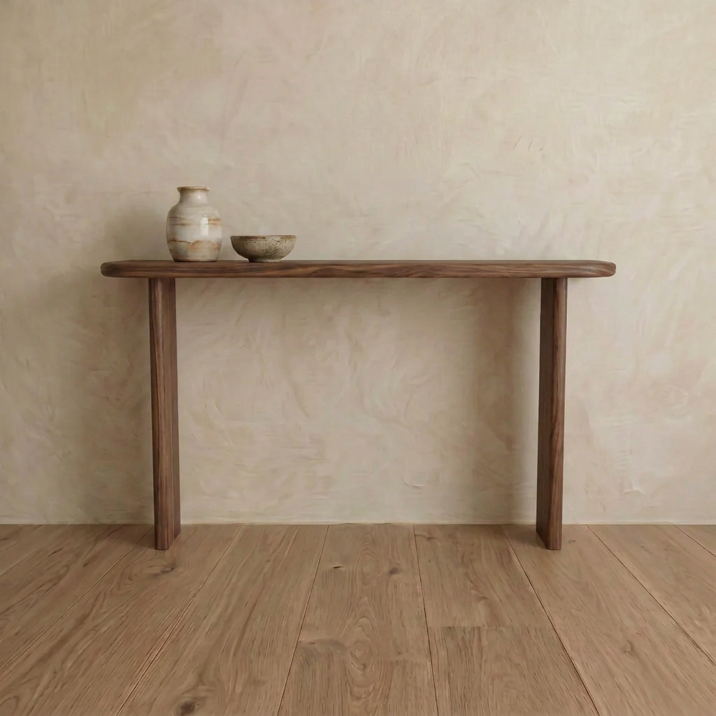 The Narrow console table in walnut, handmade in Vancouver, stands against a beige textured wall with two ceramic vases and a bowl. Crafted from solid walnut, it rests on a light wooden floor in a modern, minimalist space.