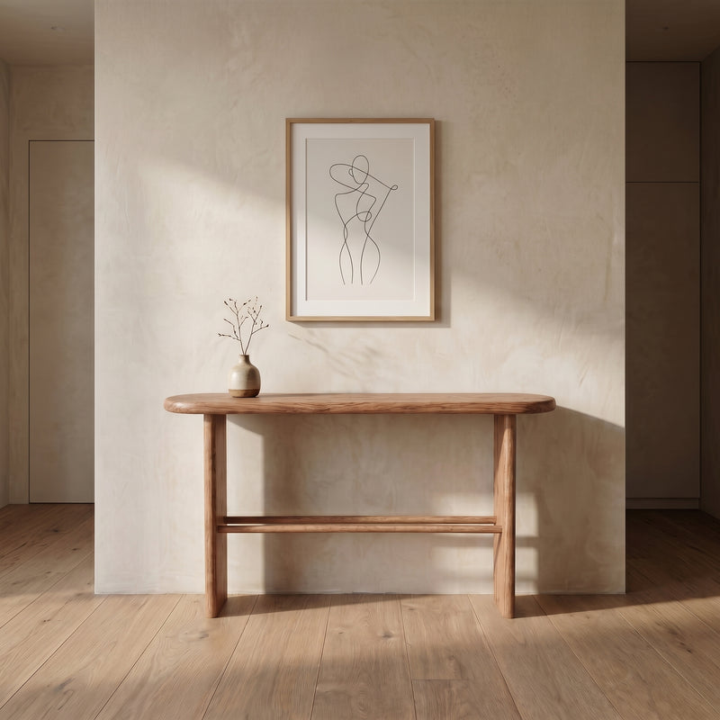 Custom narrow console table with dowel shelf