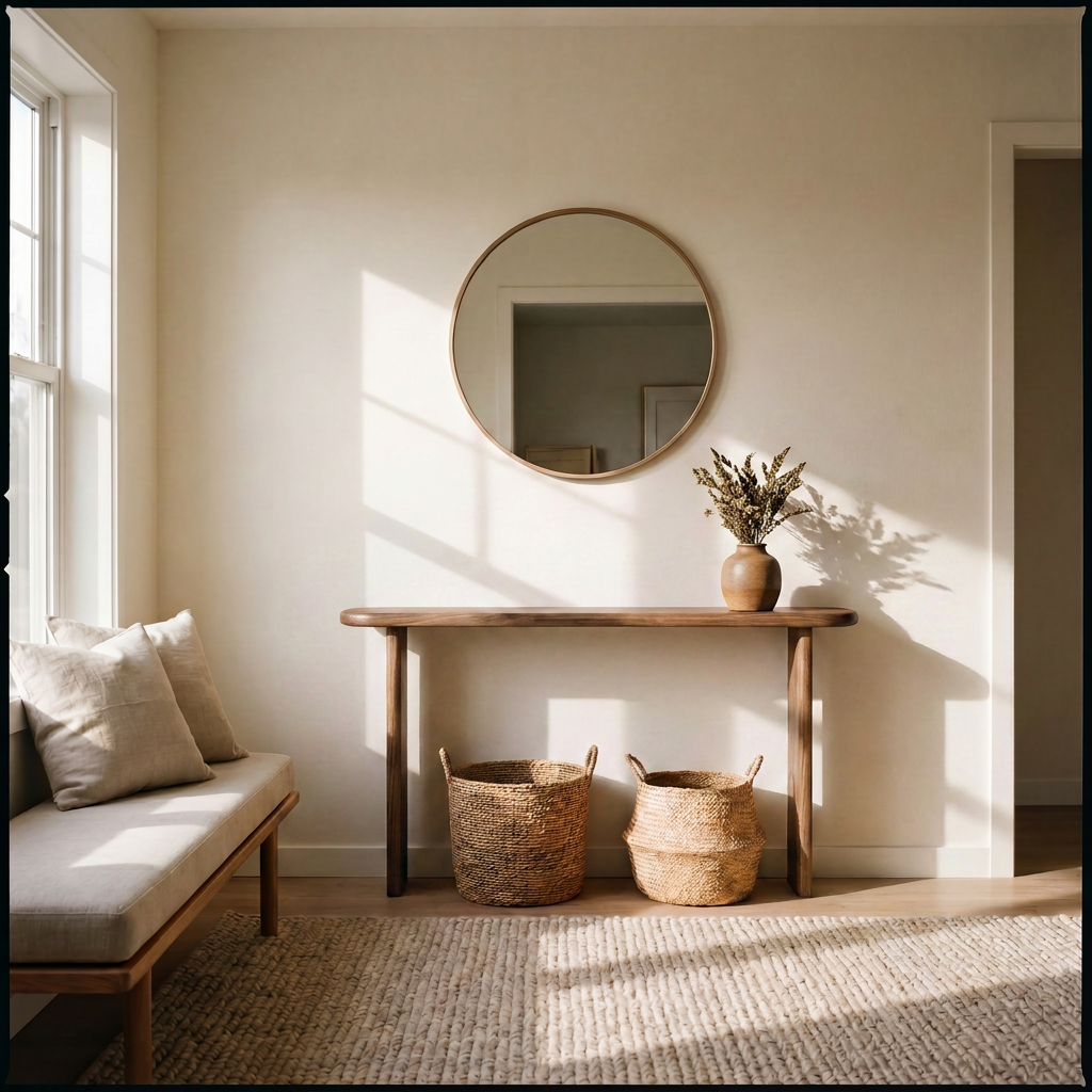 Minimalist entryway with a wooden bench and beige cushion on the left, a handmade Narrow console table in walnut with a vase of dried flowers, two woven baskets underneath, a round mirror above, and natural light streaming in.