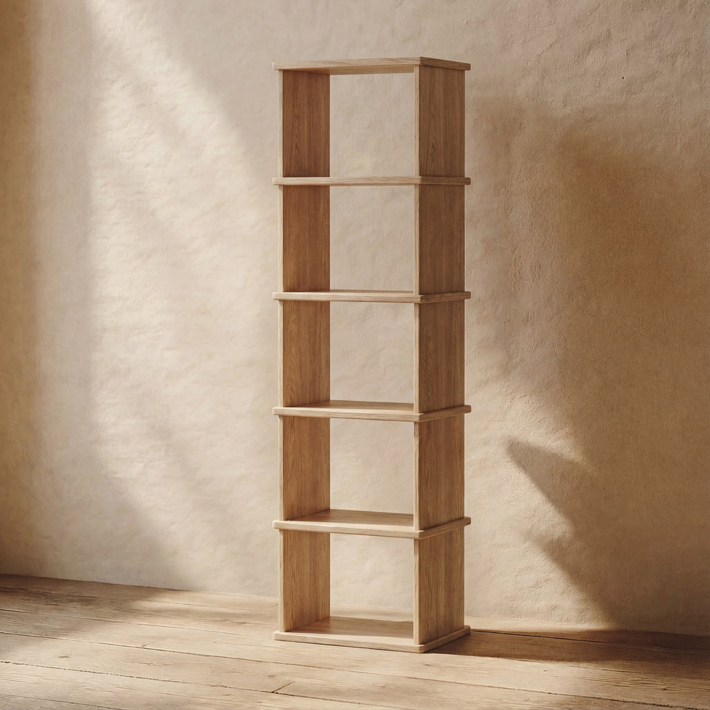 narrow minimalist white oak bookcase