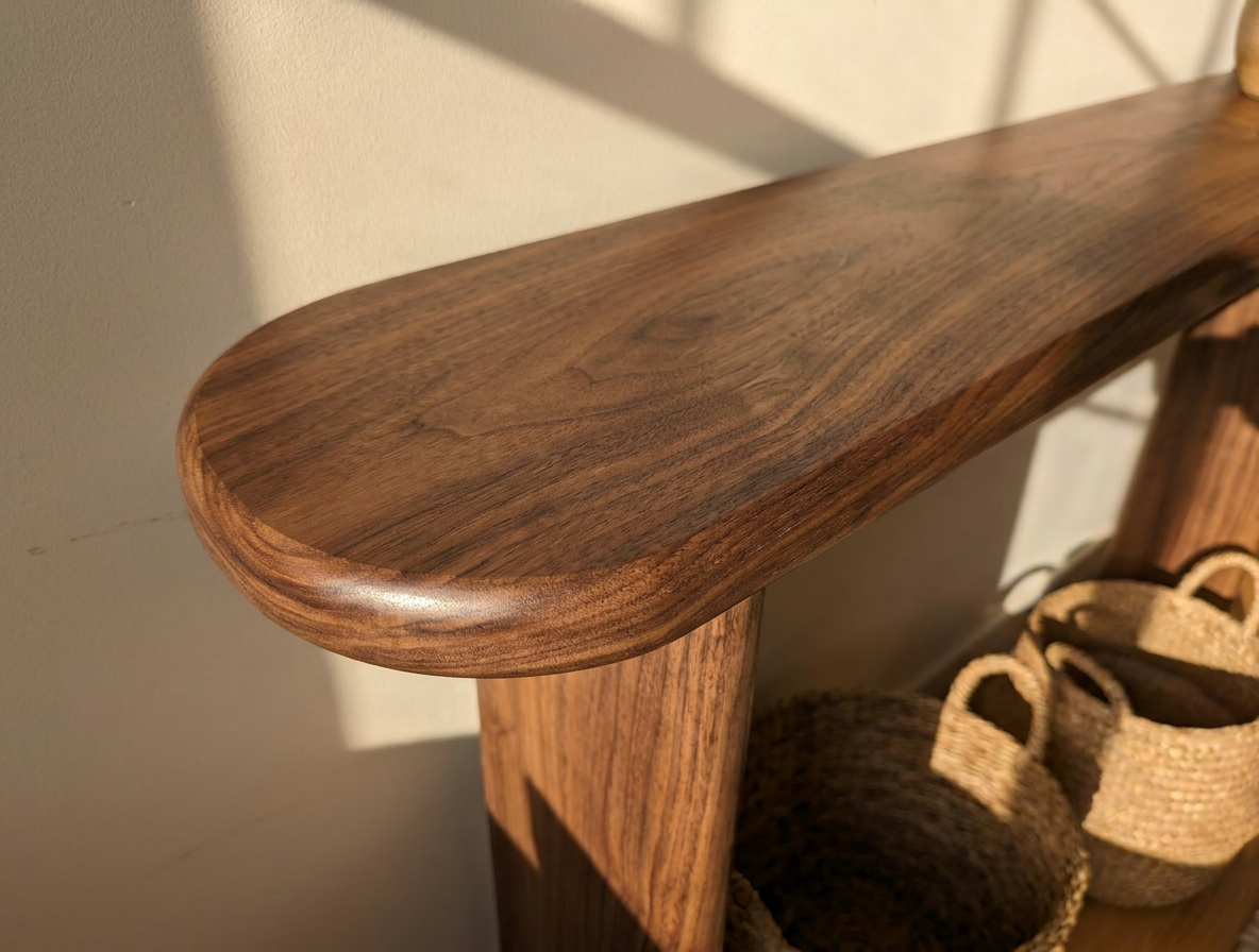 Close-up of the Narrow console table in walnut, handmade in Vancouver with a smooth rounded edge and rich solid walnut grain. Woven baskets beneath the shelf are partly visible as sunlight casts shadows on the wall behind.