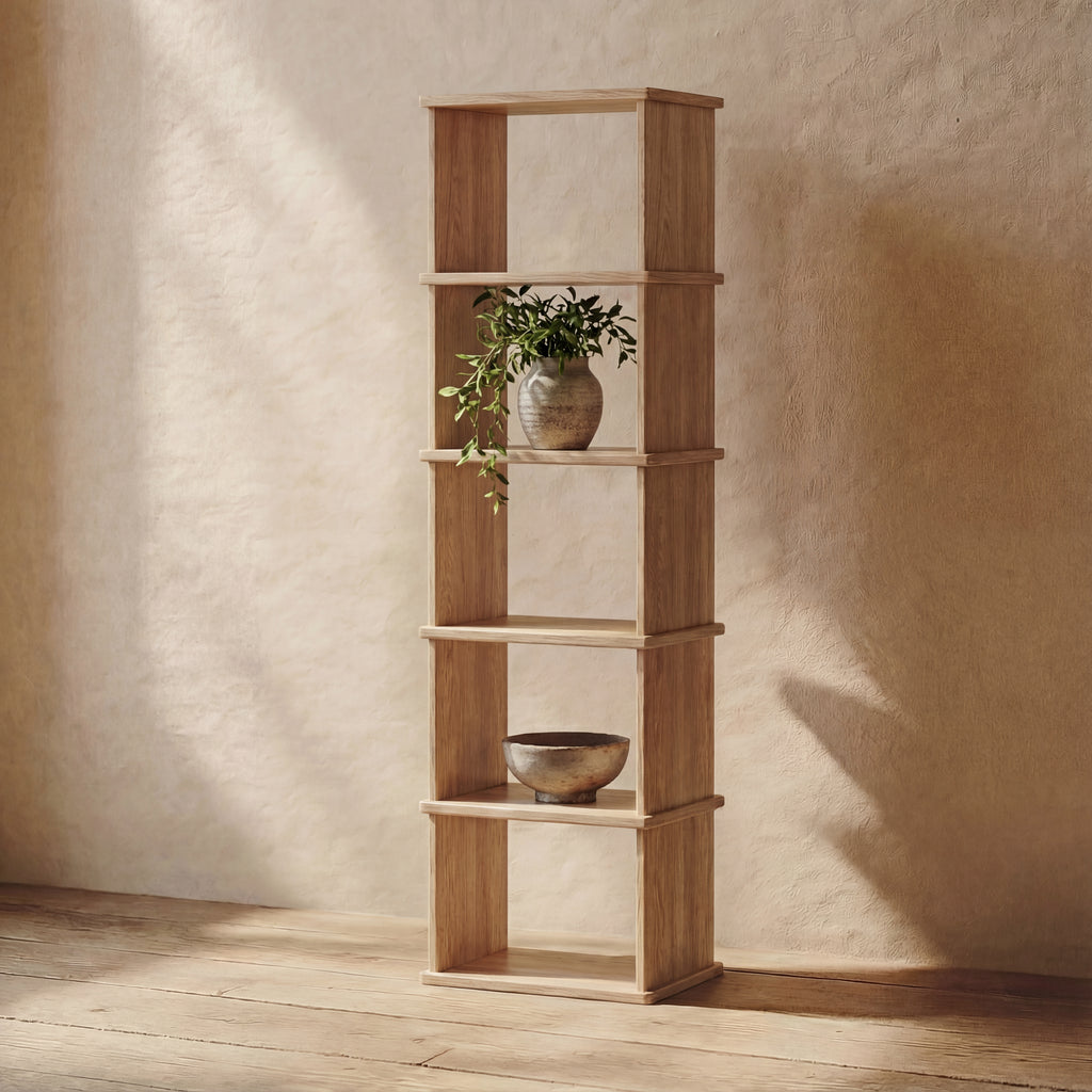 narrow white oak bookshelf