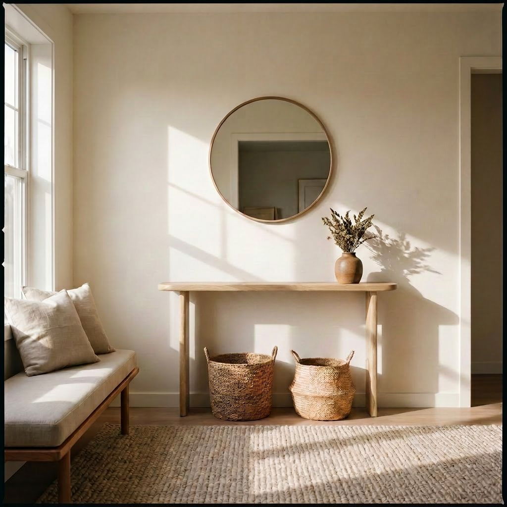 A minimalist entryway features a wooden bench with a beige cushion, a white oak narrow console table handmade in Vancouver, a vase of dried flowers, two woven baskets below, a round wall mirror, and natural light streaming through the window.