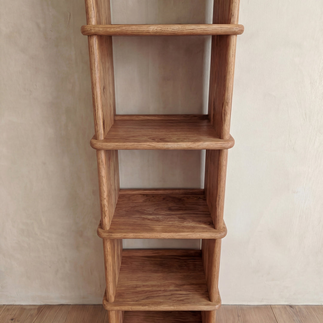 narrow wood bookcase details