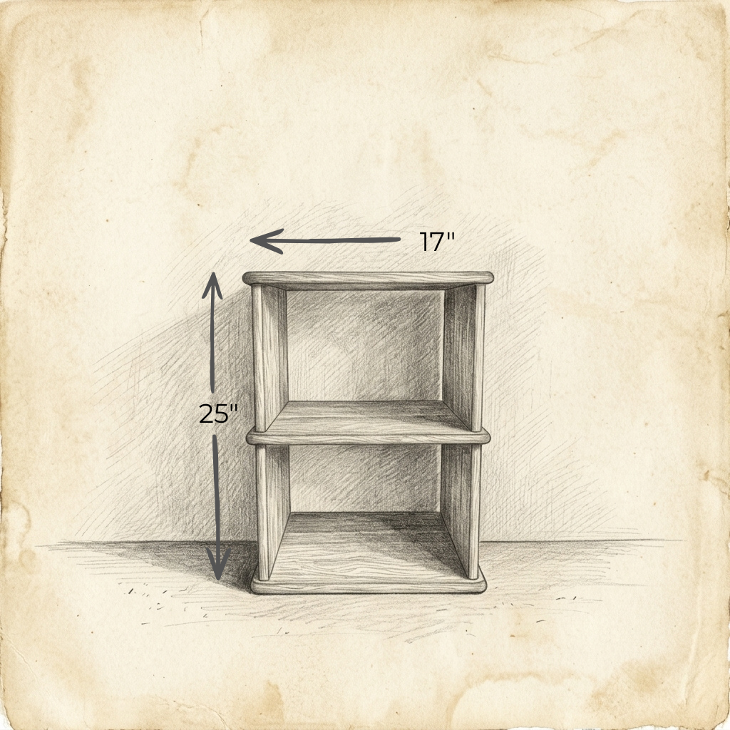 A pencil sketch of the Nightstand Bookshelf in White Oak shows its handmade design with two compartments. Arrows indicate a height of 25 inches and a width of 17 inches against an aged, stained paper background for added character.