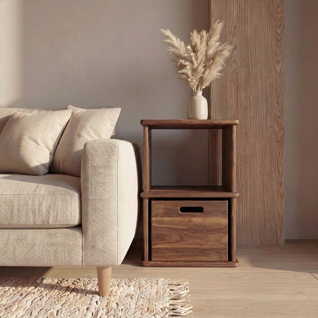 A beige sofa sits next to a walnut nightstand bookshelf with a drawer and open shelf, topped with a vase of dried pampas grass. The light wood floor and woven rug complete the warm, minimalist scene.