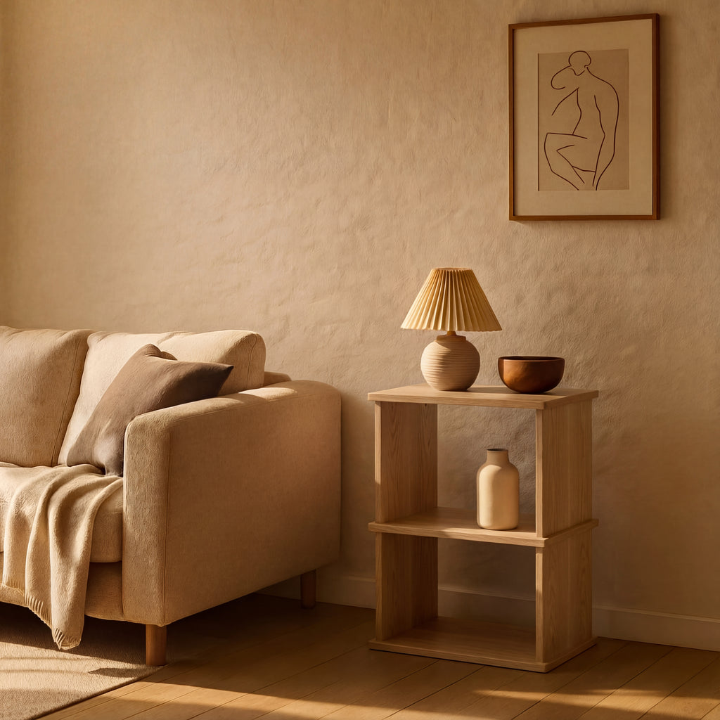 nightstand bookcase in white oak in living room