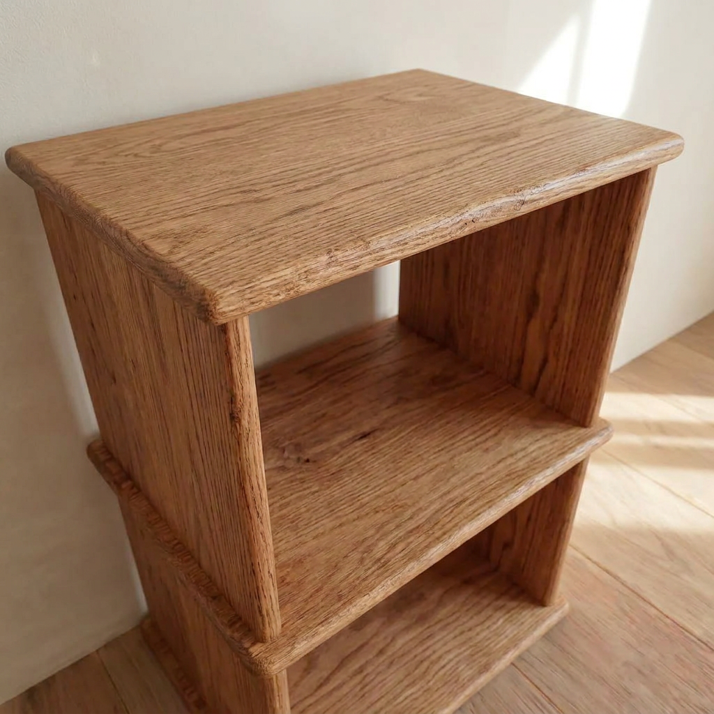 The Nightstand bookshelf in red oak features two shelves and a natural finish. Handmade from solid red oak, it sits on a wooden floor against a white wall with sunlight streaming in from the right.