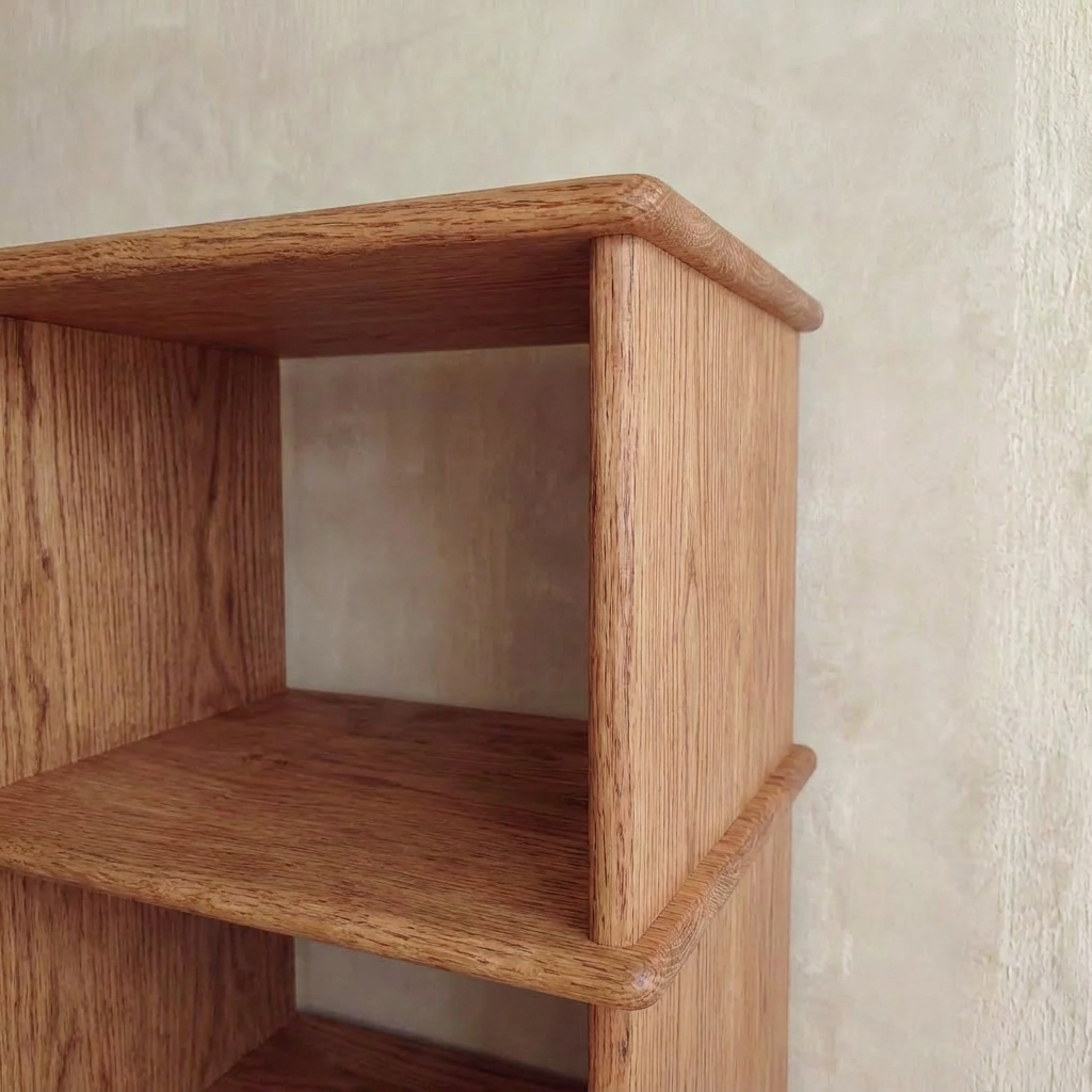 A close-up of the Nightstand bookshelf in red oak, handmade with a light brown finish. It has two shelves, rounded edges, and is set against a light beige textured wall.