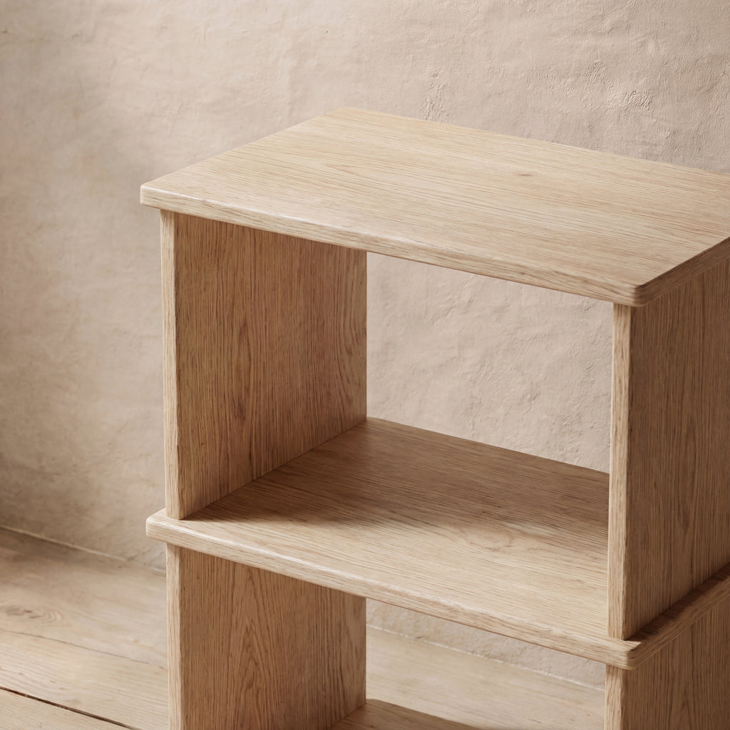 nightstand bookcase white oak up close