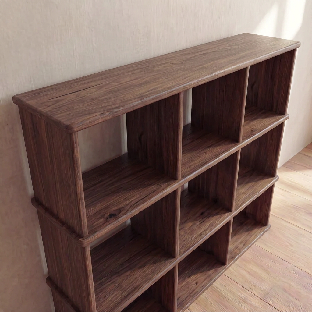 The Nine cube bookshelf in walnut stands empty against a light wall on a wooden floor. Handmade in Vancouver, it features nine open compartments and showcases a natural wood grain finish.