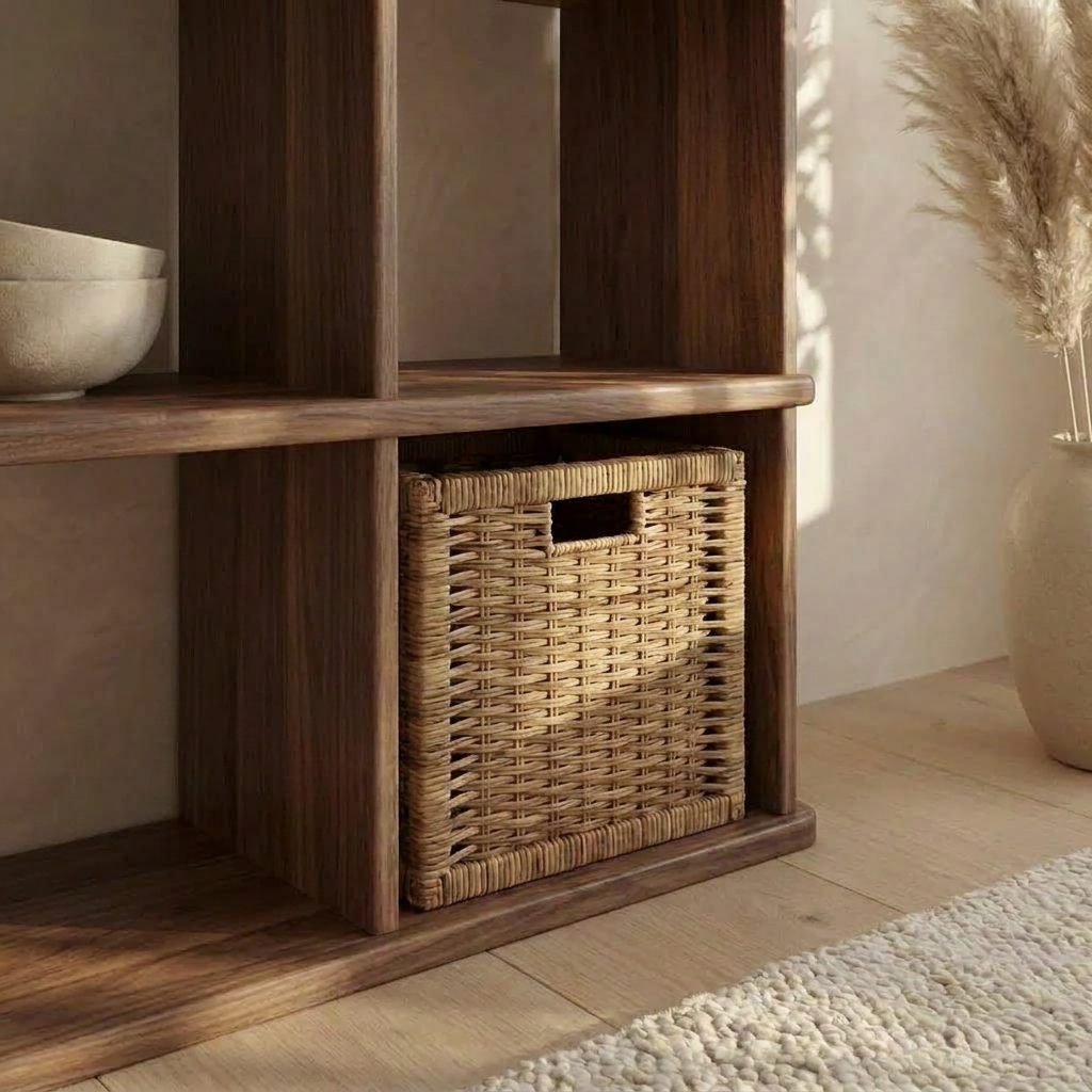 A woven basket rests on the bottom shelf of the Nine Cube Bookshelf in Walnut. To its right, a beige vase with pampas grass stands on a light wood floor by a cream textured rug, all bathed in soft sunlight for a cozy feel.