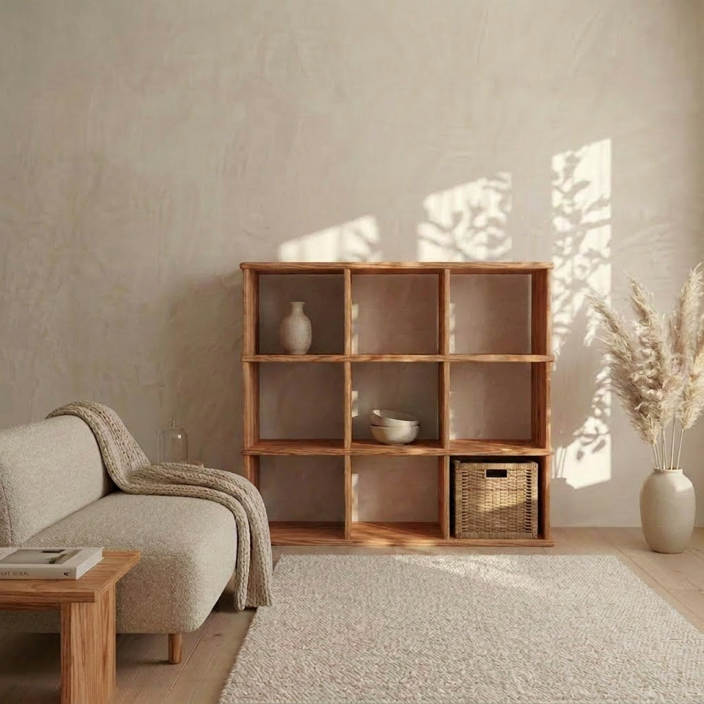 A cozy living room with a beige sofa, wooden coffee table, and a nine cube bookshelf in red oak holding minimal decor. A woven basket and large vase with pampas grass complete the scene as gentle sunlight illuminates the space.