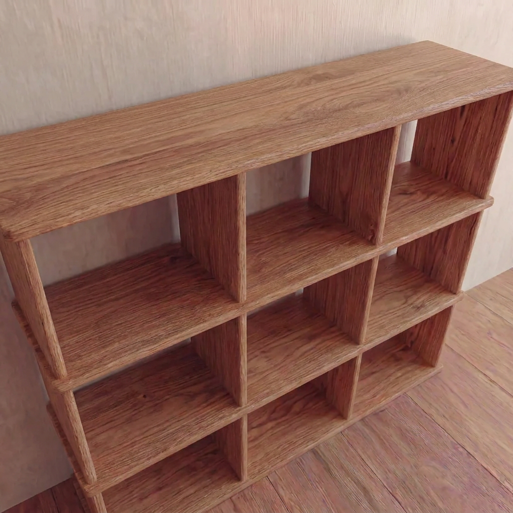 The Nine Cube Bookshelf in red oak, with nine square compartments, stands empty against a light wall on a wooden floor. Handmade in natural red oak, it showcases a simple and elegant design with a beautiful wood finish.