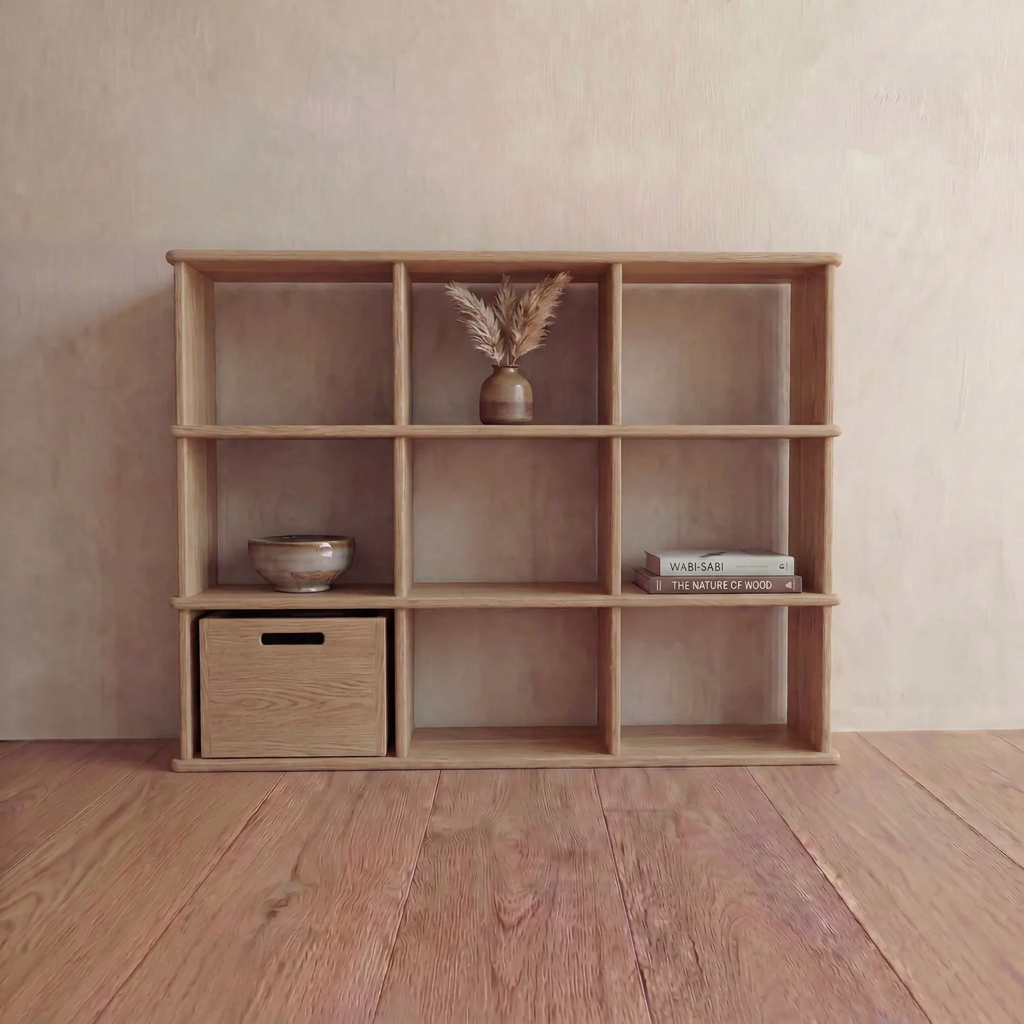 The Nine Cube Bookshelf in white oak stands on a wooden floor in Vancouver, holding a vase with dried grasses, a bowl, a box, and two books. Most of its compartments are empty against a plain beige wall.