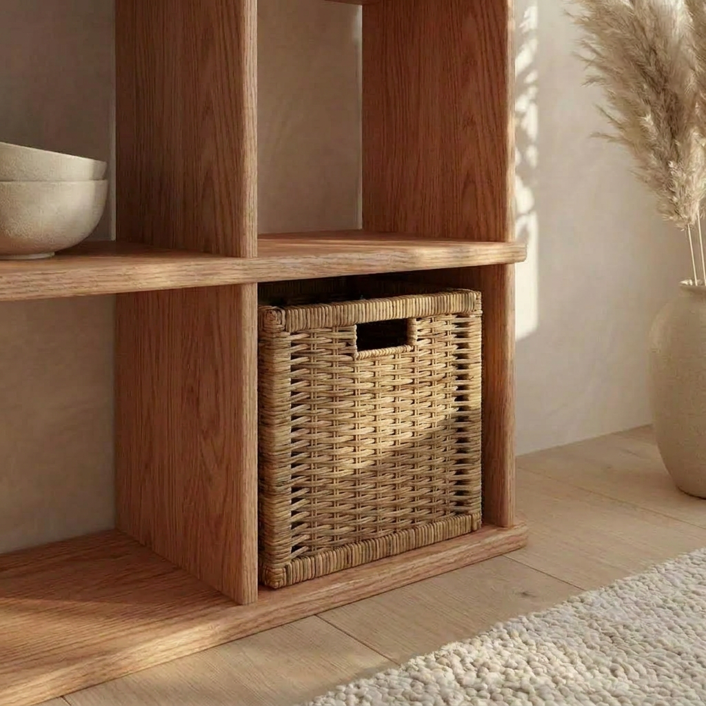 A Nine cube bookshelf in red oak displays a beige bowl and woven basket. Nearby, a vase of dried pampas grass stands while sunlight casts soft shadows on the light wooden floor and textured rug.