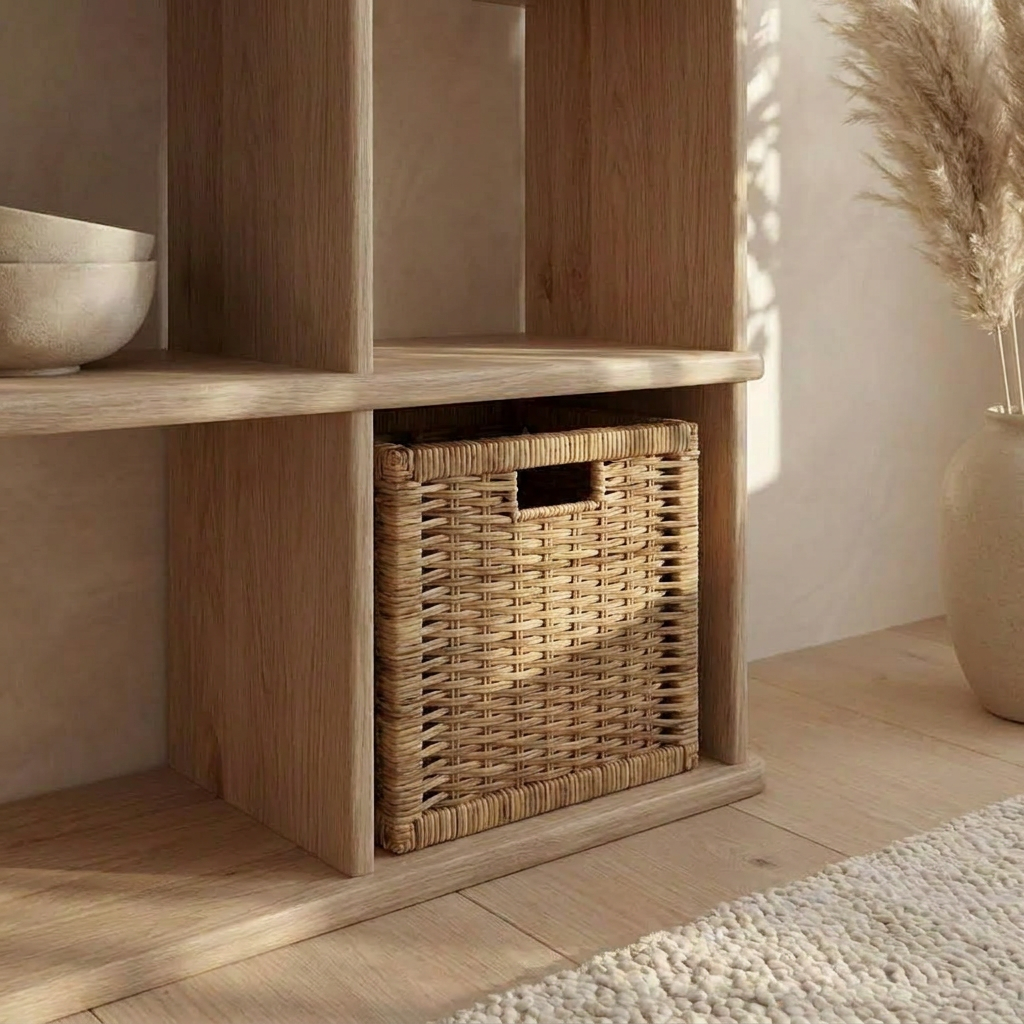 A close-up of a Nine cube bookshelf in white oak with a woven basket in one cubby, a ceramic bowl on the left, and a beige vase with dried pampas grass on a light wood floor beside a cream textured rug in Vancouver.
