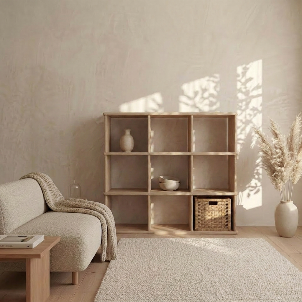 A cozy minimalist Vancouver living room with a beige sofa, wooden coffee table, Nine cube bookshelf in white oak displaying pottery and a wicker basket, pampas grass in a vase, and sunlight casting shadows on neutral walls and rug.