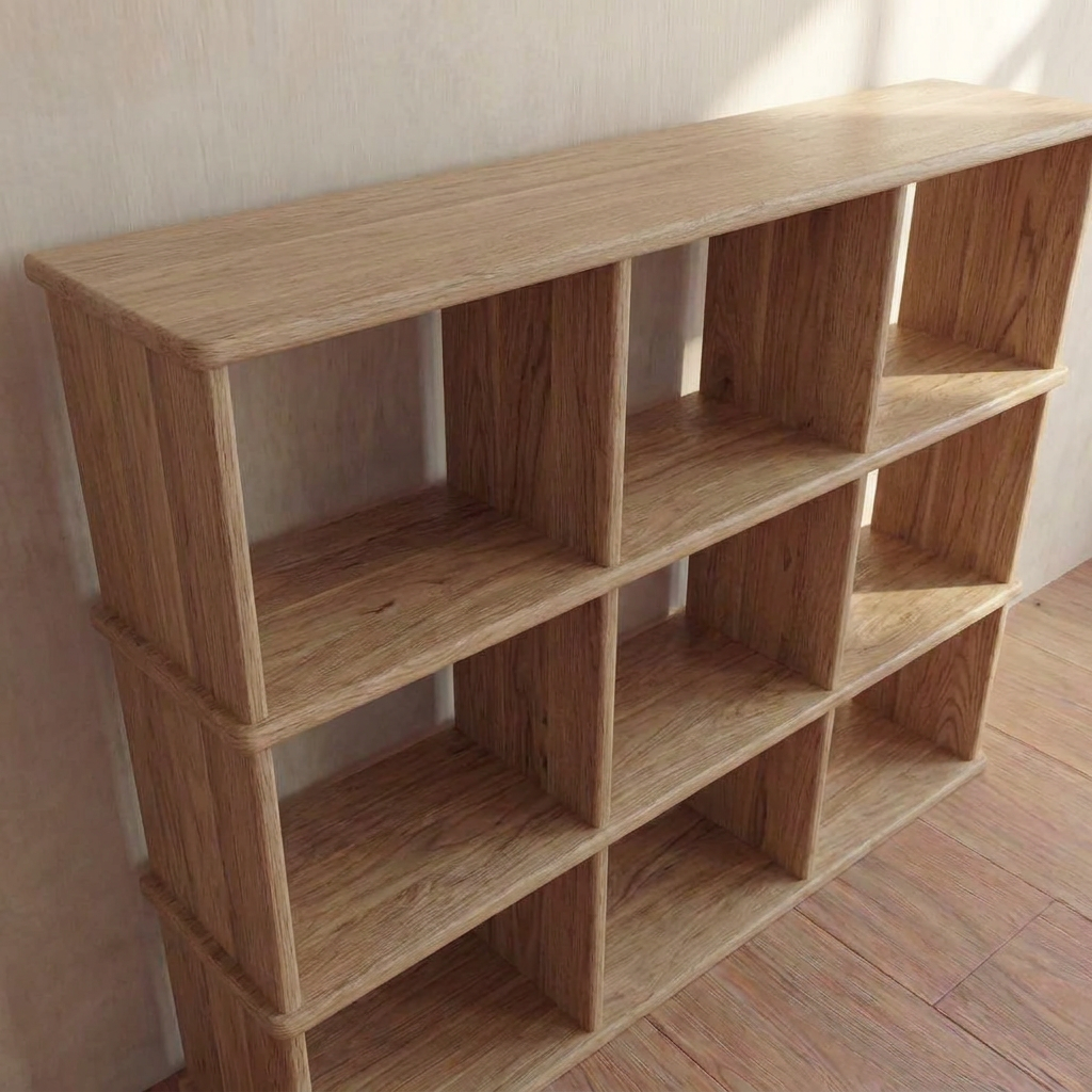 The Nine cube bookshelf in white oak features three rows and three columns of square cubbies, making it an elegant storage solution perfect for any Vancouver home.