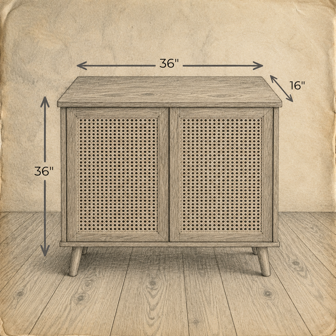 Pencil sketch of the rattan cabinet on aged paper, measuring 36 inches wide, 16 inches deep and 36 inches high.