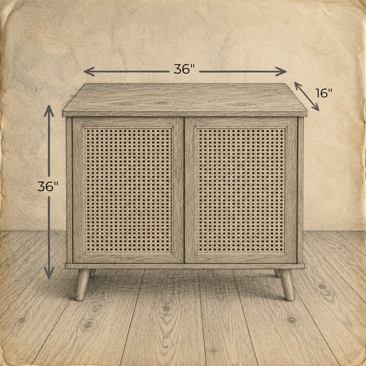 Pencil sketch of the rattan cabinet on aged paper, measuring 36 inches wide, 16 inches deep and 36 inches high.
