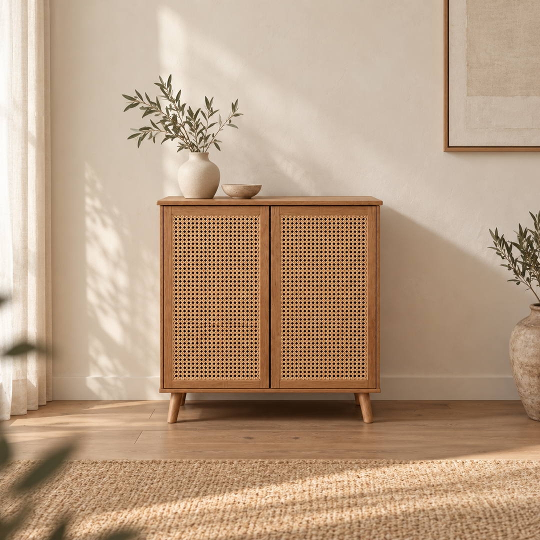 A rattan cabinet in red oak in a sunlit room, with a vase of olive branches and a small bowl on top, beside a potted plant and a woven rug.