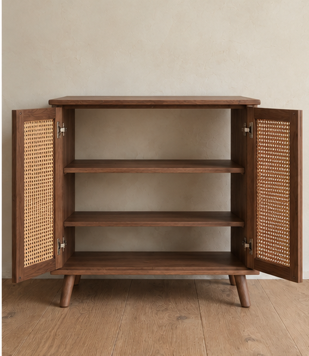 The rattan cabinet in walnut with both doors open, showing two fixed shelves inside.