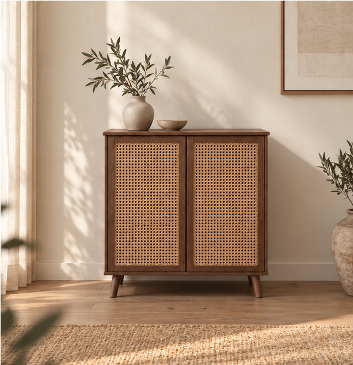 A rattan cabinet in walnut in a sunlit room, with a vase of olive branches and a small bowl on top, beside a potted plant and a woven rug.