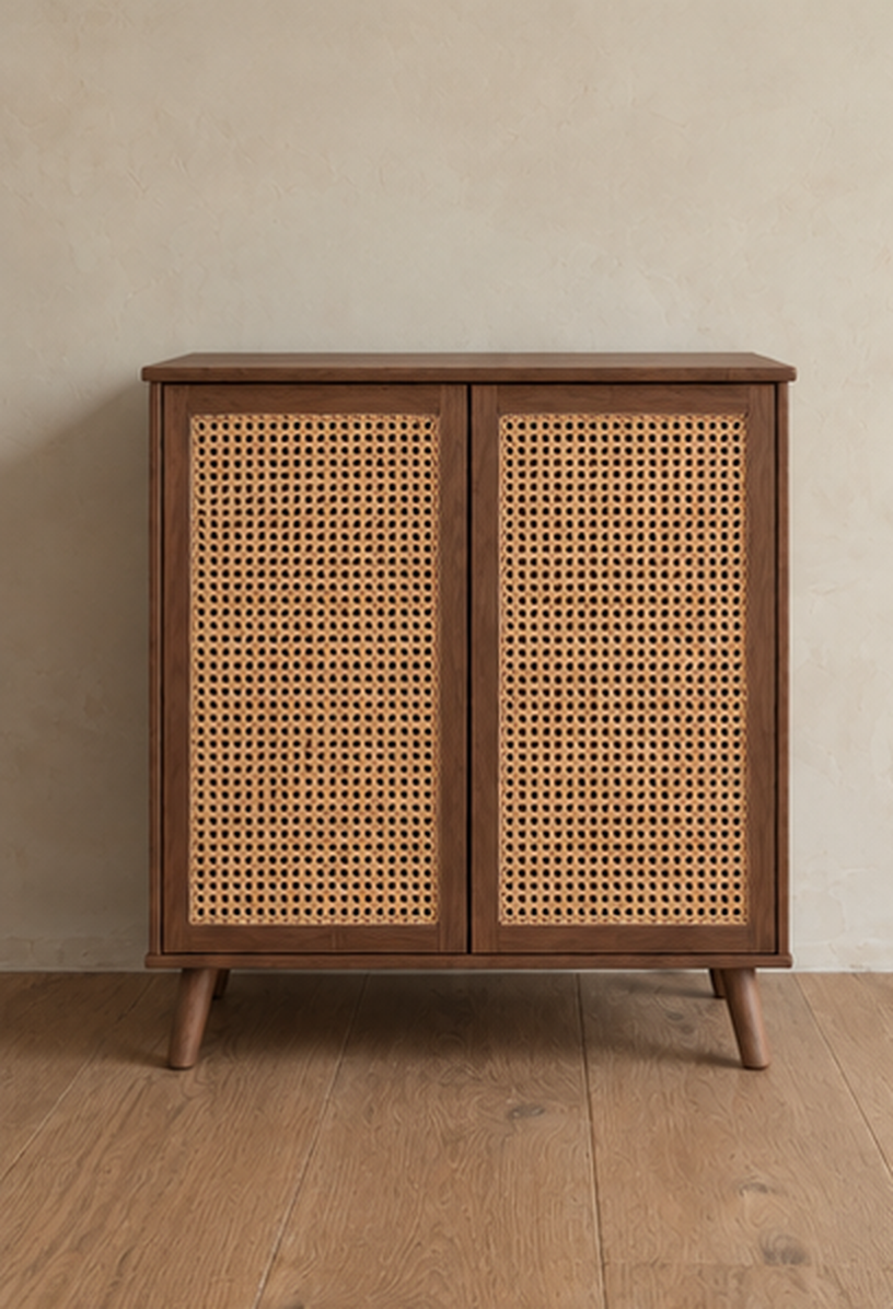 A rattan cabinet in walnut with two cane-panel doors and tapered legs, against a plain plaster wall on a wood floor.