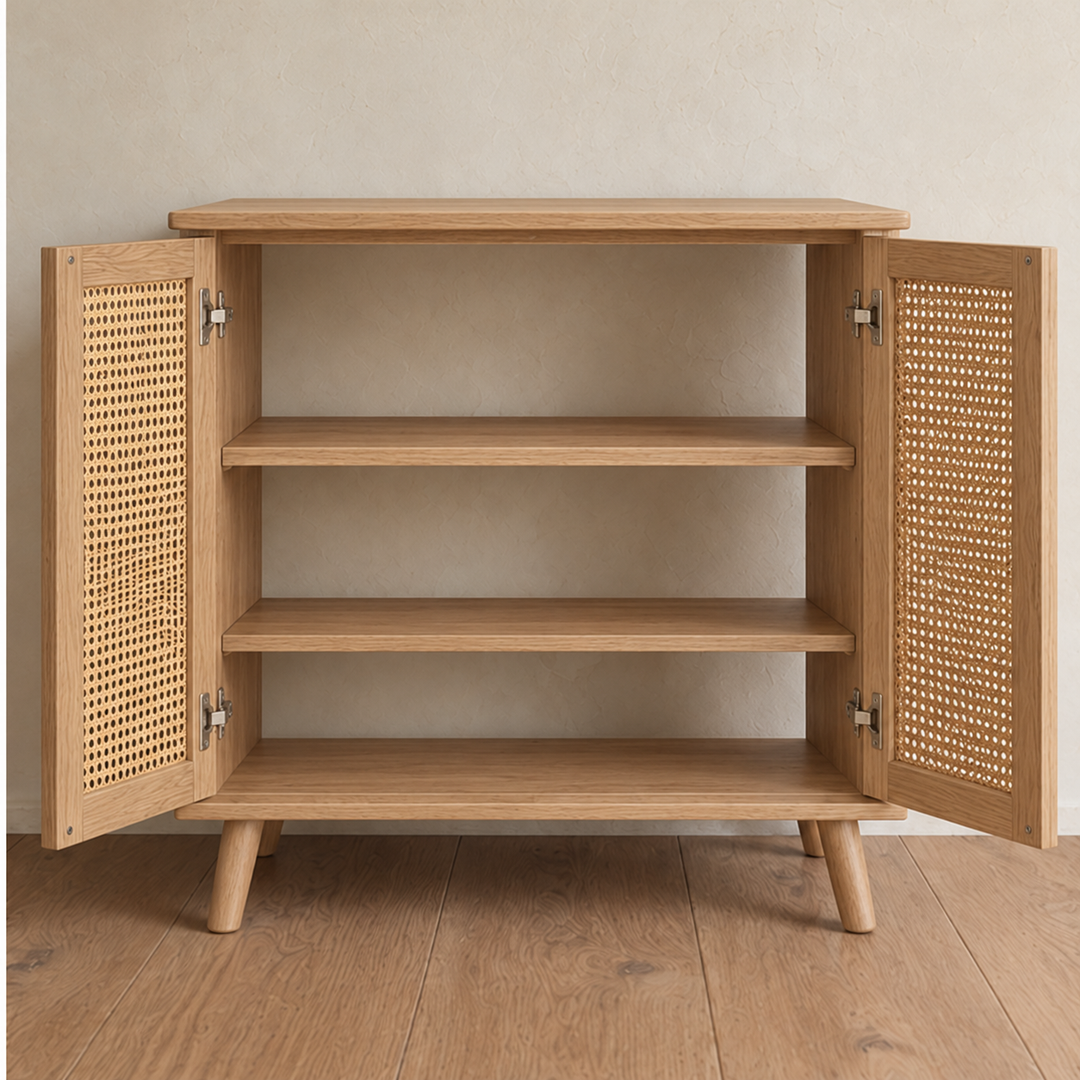 The rattan cabinet in white oak with both doors open, showing two fixed shelves inside.