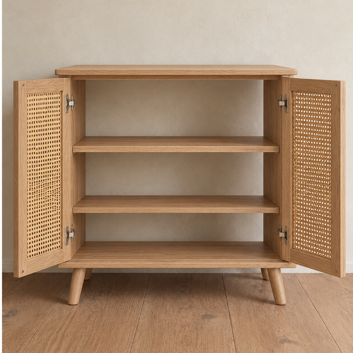 The rattan cabinet in white oak with both doors open, showing two fixed shelves inside.