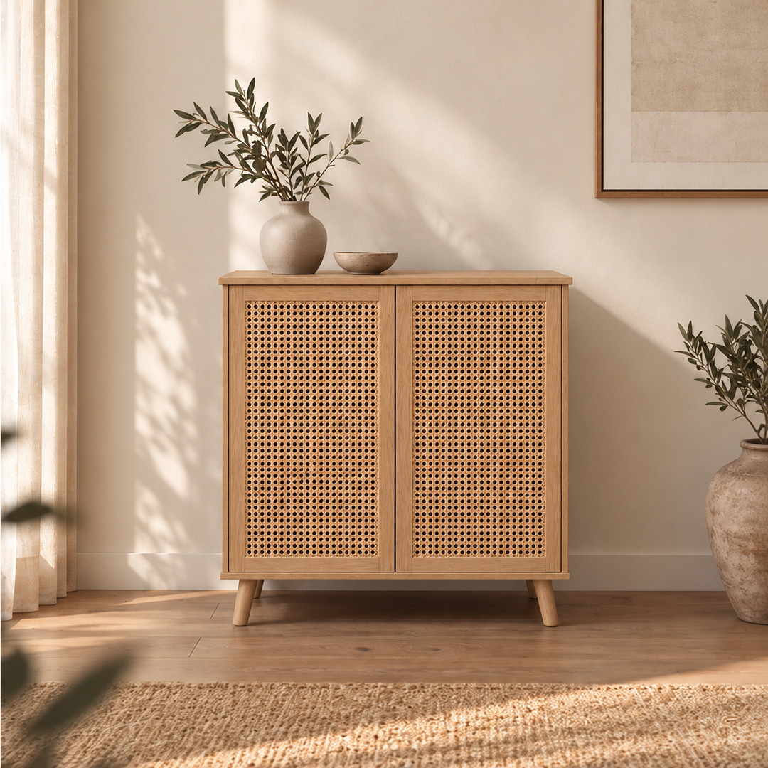 A rattan cabinet in white oak in a sunlit room, with a vase of olive branches and a small bowl on top, beside a potted plant and a woven rug.