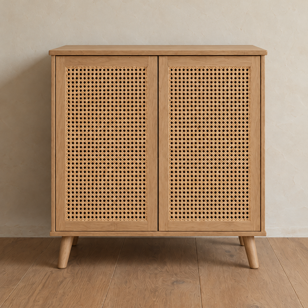 A rattan cabinet in white oak with two cane-panel doors and tapered legs, against a plain plaster wall on a wood floor.