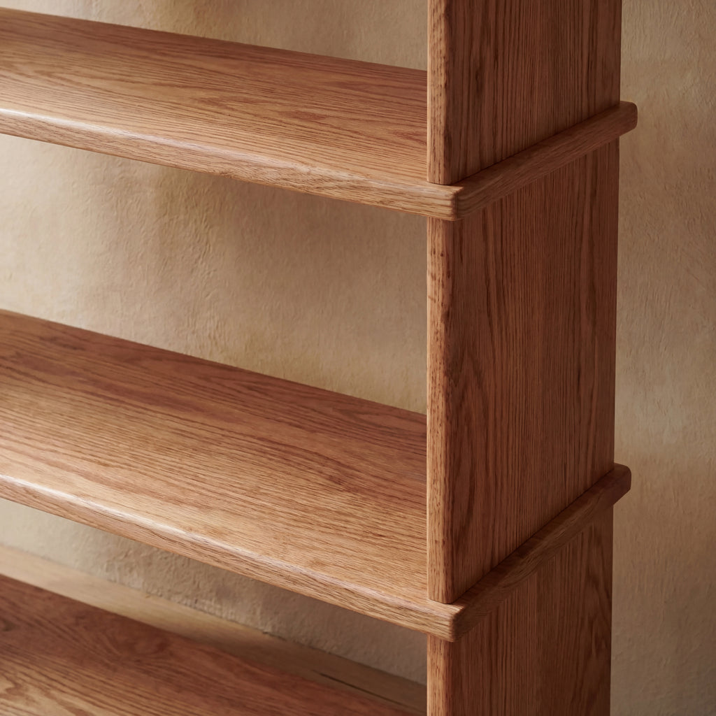 red oak bookcase close up