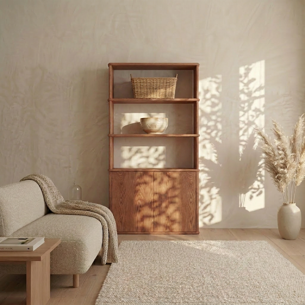 Minimalist living room with a beige sofa, wooden table, textured rug, and a striking Cabinet bookshelf in red oak holding a basket and bowl. Pampas grass in a vase adds natural elegance, while sunlight casts leaf shadows on the wall and furniture. This serene Vancouver space beautifully blends simplicity with warmth.