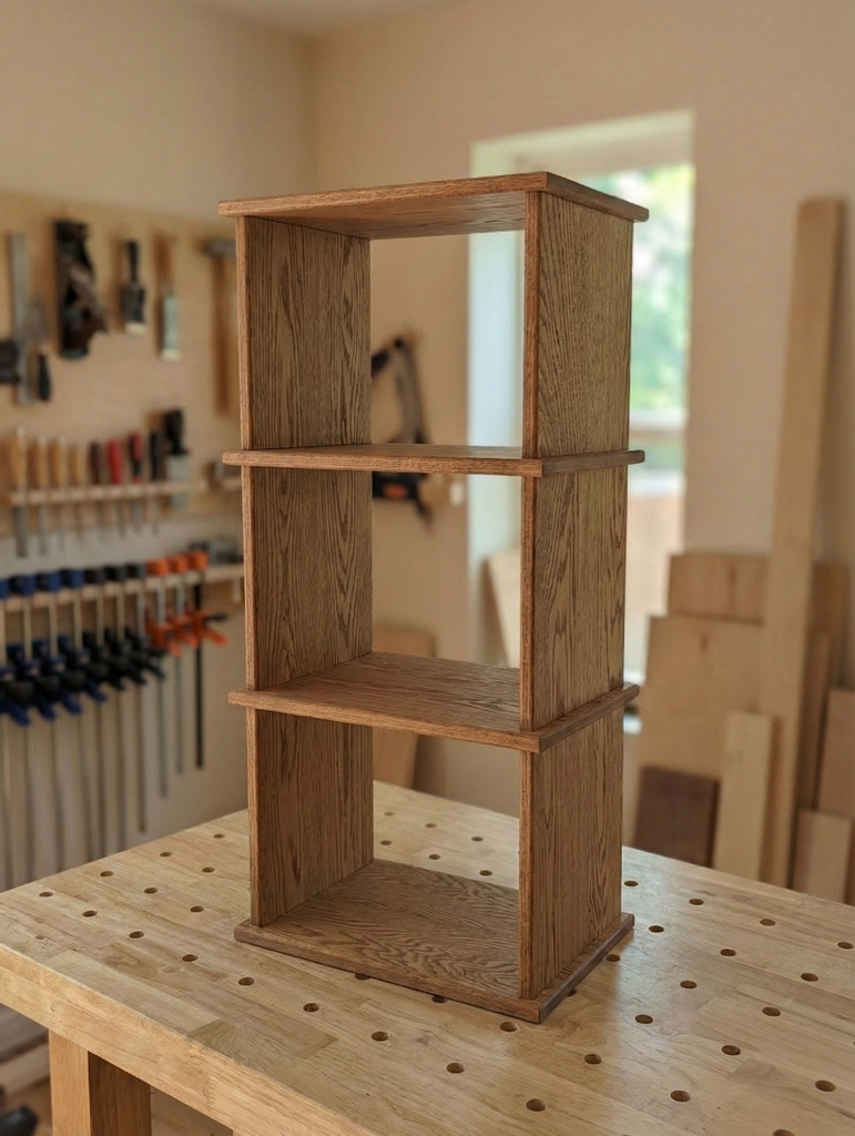 red oak bookshelf on workbench