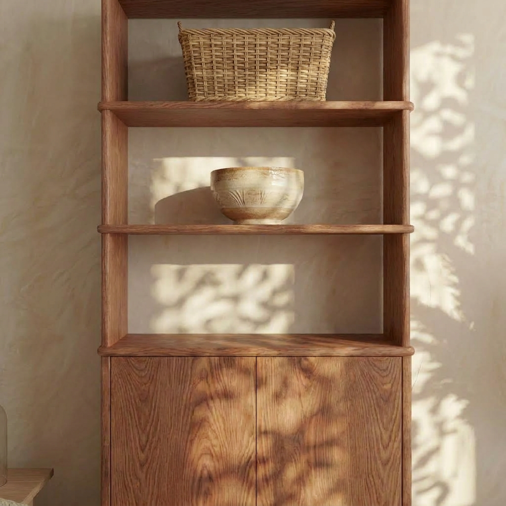 A Cabinet bookshelf in red oak stands in a sunlit Vancouver room, its modern, streamlined look completed by push-to-open doors. A wicker basket sits on the top shelf and a ceramic bowl rests on the middle shelf, while sunlight filters in to cast leafy shadows across the shelves and wall behind.