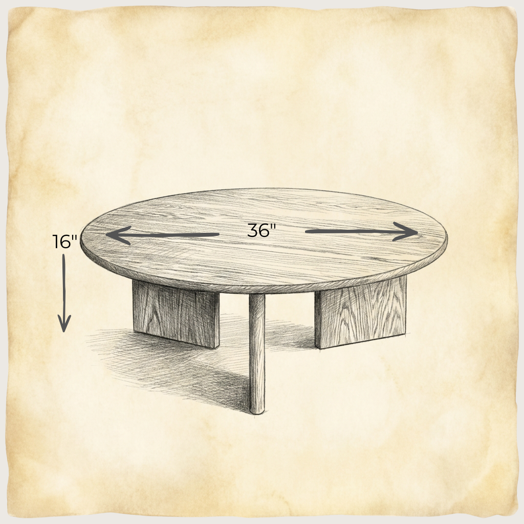 A hand-drawn sketch of the Round coffee table in red oak shows its 36-inch width and 16-inch height on parchment paper, with dimension arrows, handmade in Vancouver.