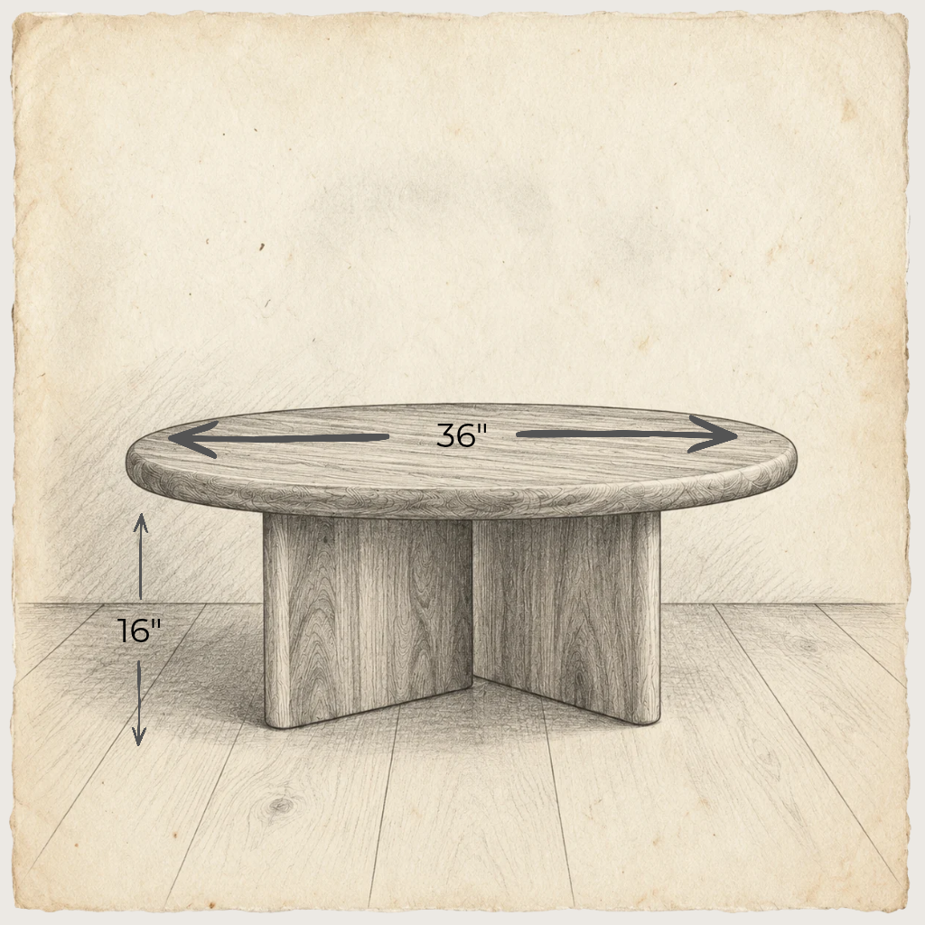 The Round coffee table is handmade in Vancouver, measuring 36 inches in diameter and 16 inches high. Displayed on a wood floor, clear black arrows and measurements highlight its size.