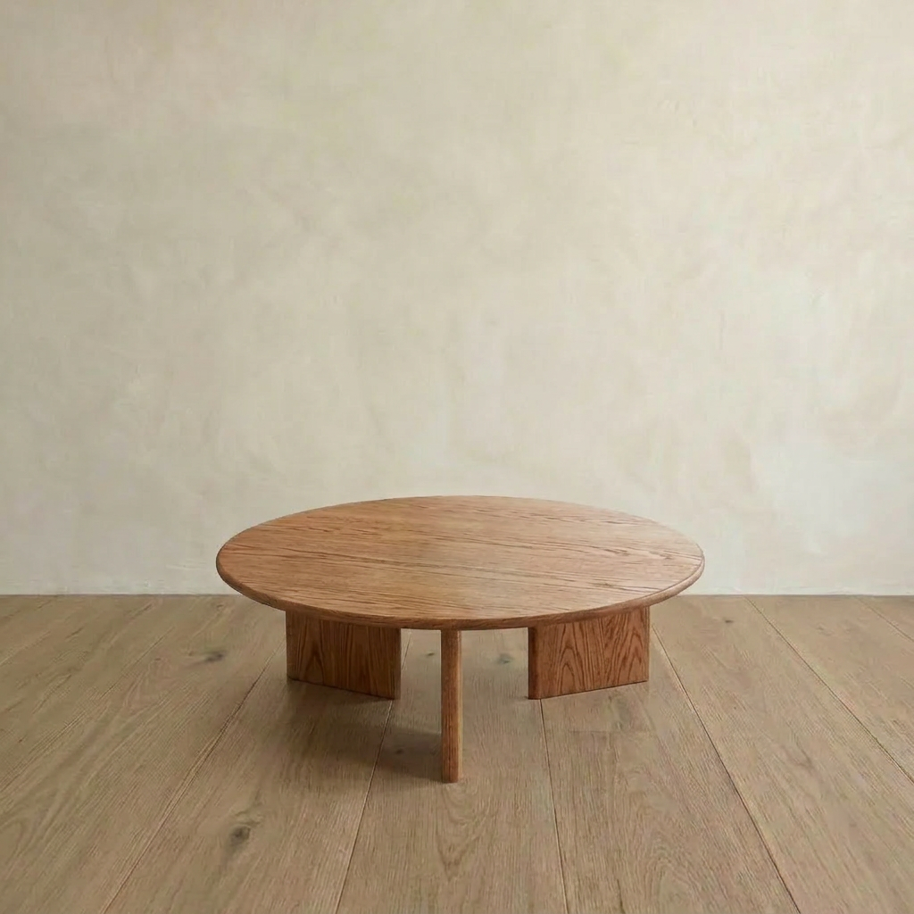 The Round coffee table in red oak is a minimalist, handmade piece from Vancouver with three flat legs, placed on a light wooden floor against a neutral textured wall.