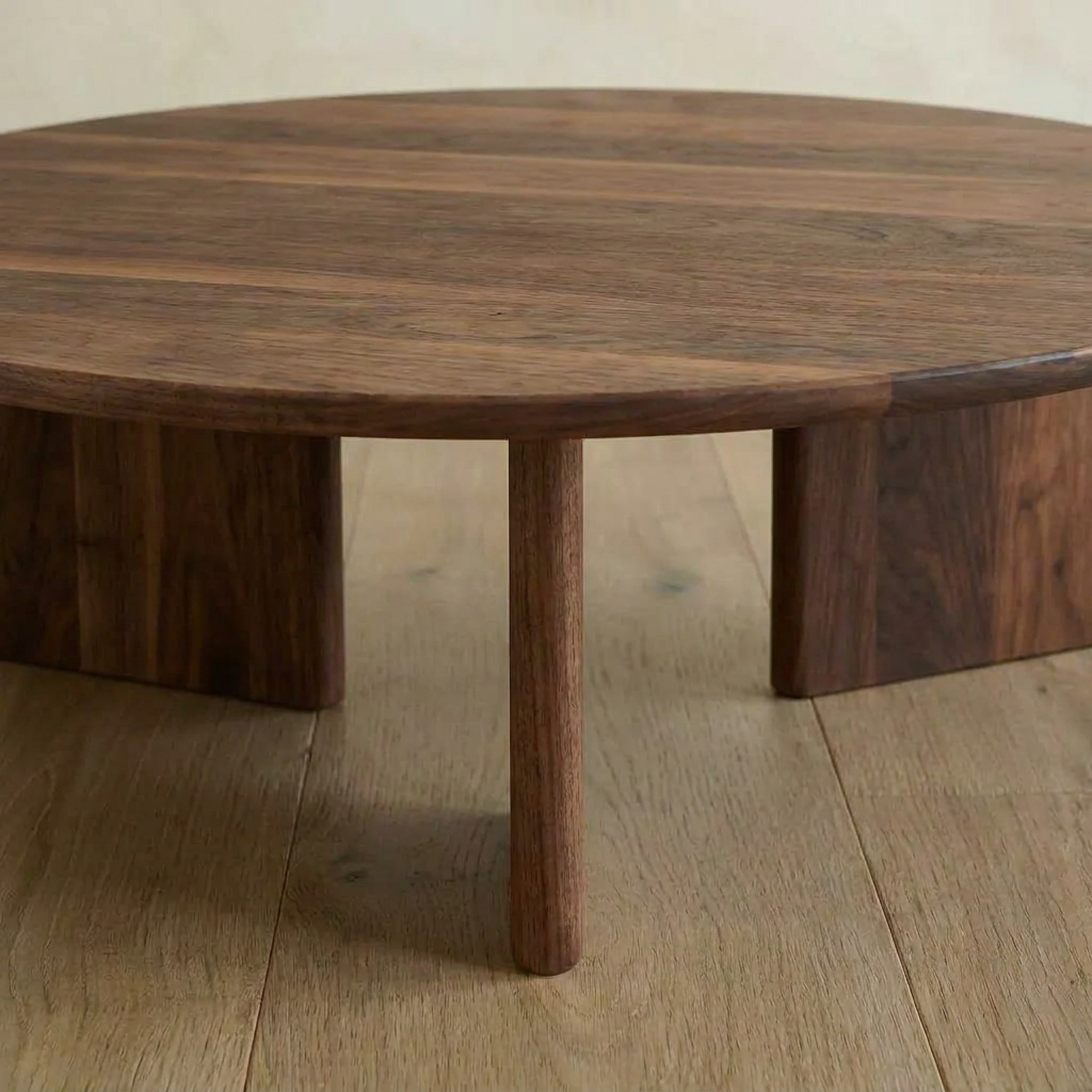 The Round coffee table in walnut, handmade in Vancouver from solid walnut, has three thick vertical legs and a natural dark wood grain finish.