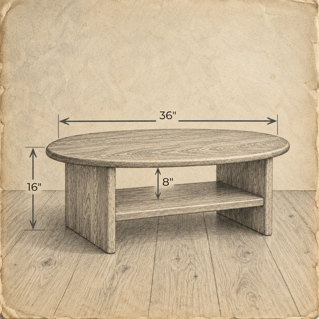 Round coffee table with shelf — dimensions