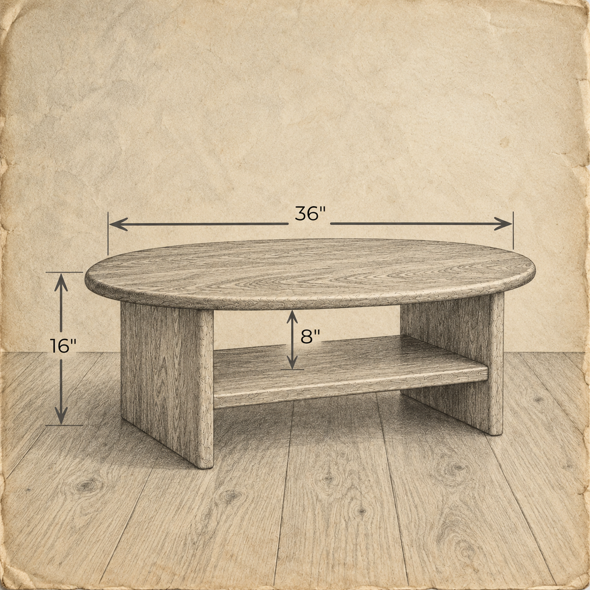 Round coffee table with shelf — dimensions