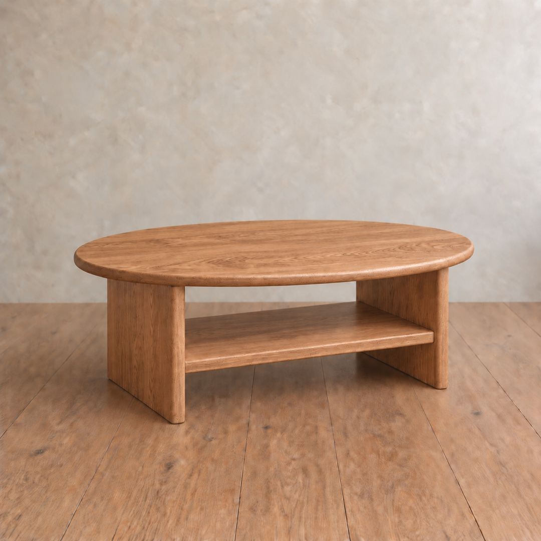 Round coffee table with shelf in red oak — angled view 2