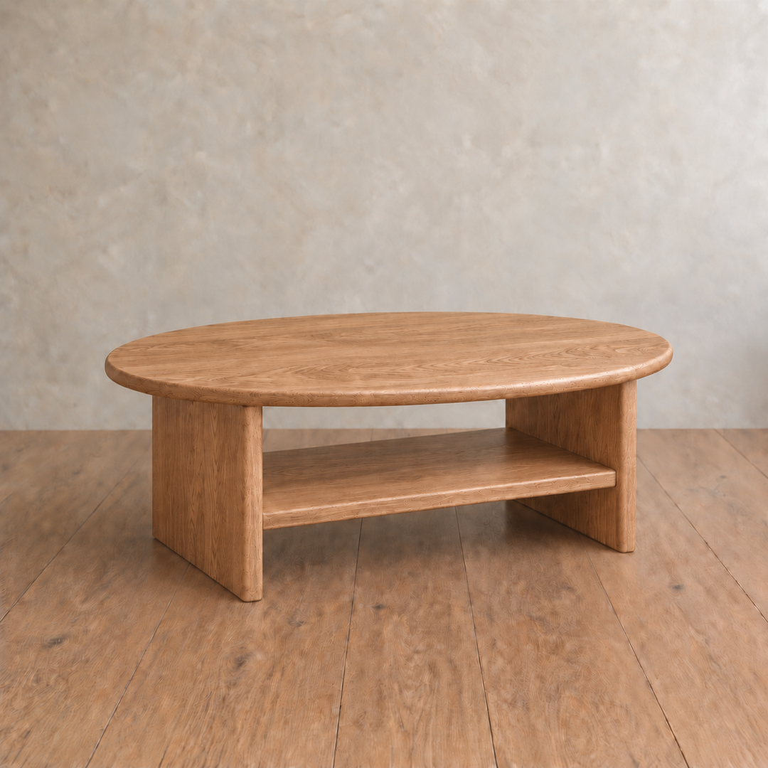 Round coffee table with shelf in red oak — angled view