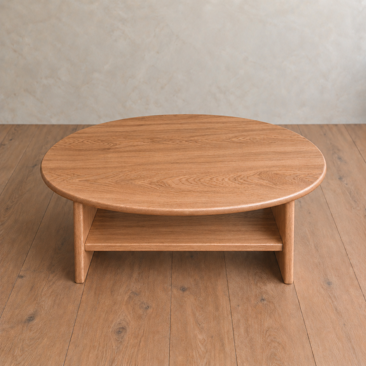 Round coffee table with shelf in red oak — high angle
