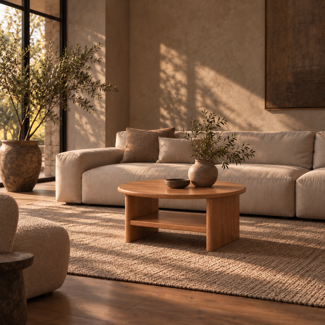 Round coffee table with shelf in red oak — living room