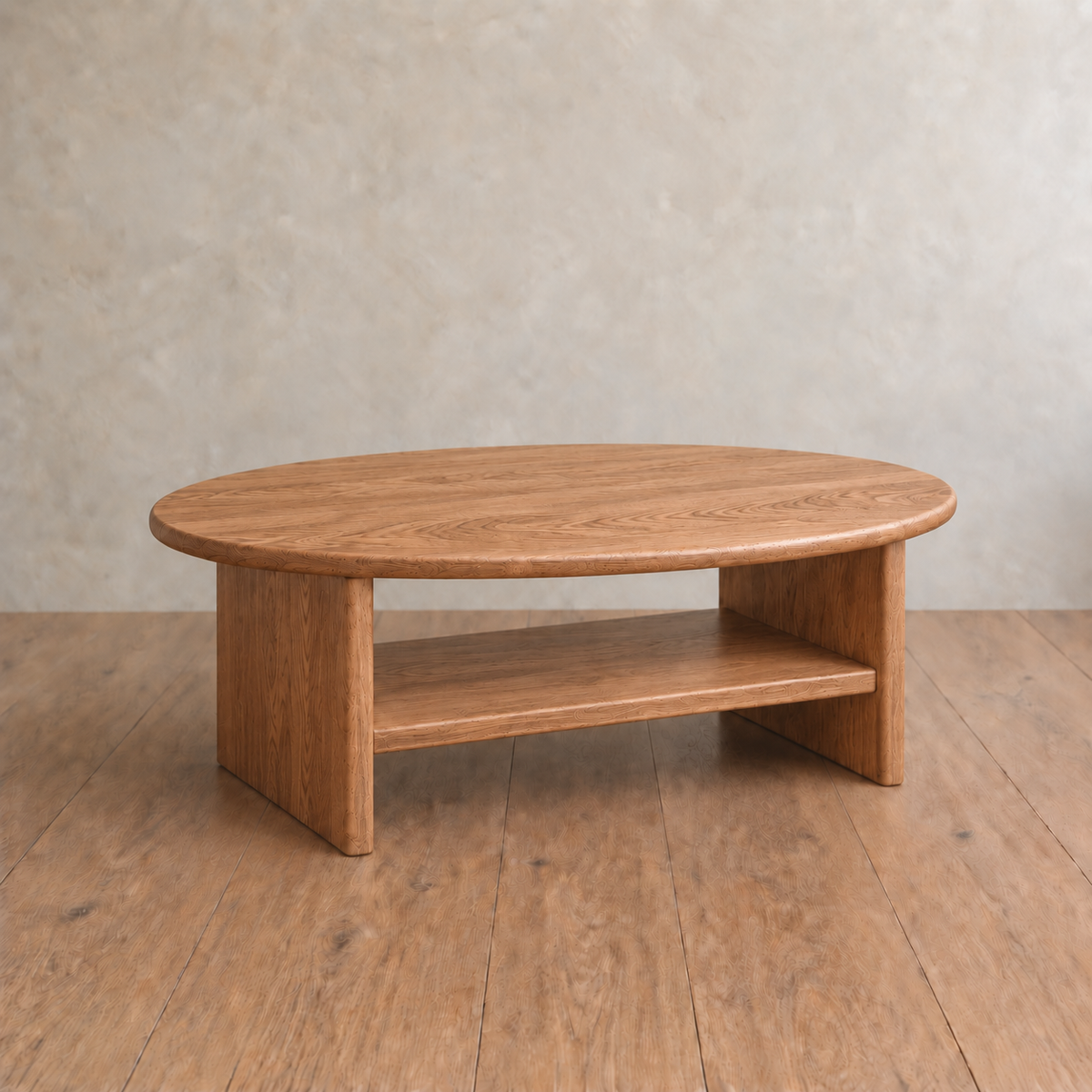 Round coffee table with shelf in red oak